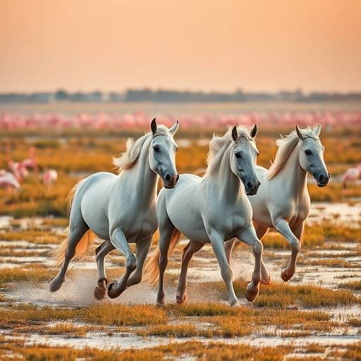 Chevaux sauvages galopant dans les marais de Camargue, avec des flamants roses en arrière-plan.