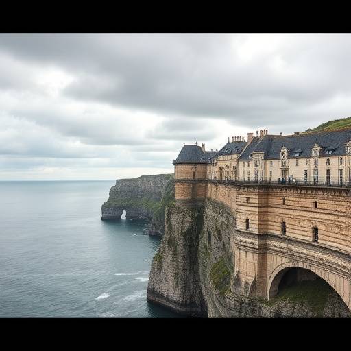 Falaises d'Étretat en Normandie sous un ciel nuageux.