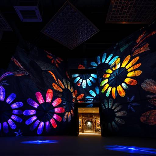 Intérieur des Carrières de Lumières, avec des projections d'œuvres d'art sur les parois rocheuses.