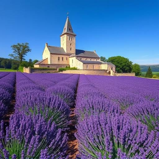 L'Abbaye de Sénanque entourée de champs de lavande en fleur, créant un contraste saisissant de couleurs.