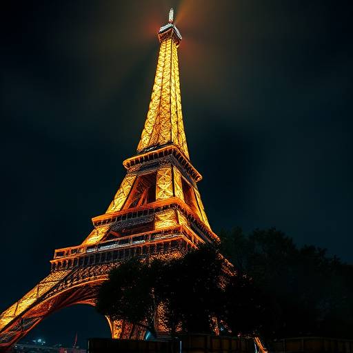 La Tour Eiffel à Paris illuminée la nuit.