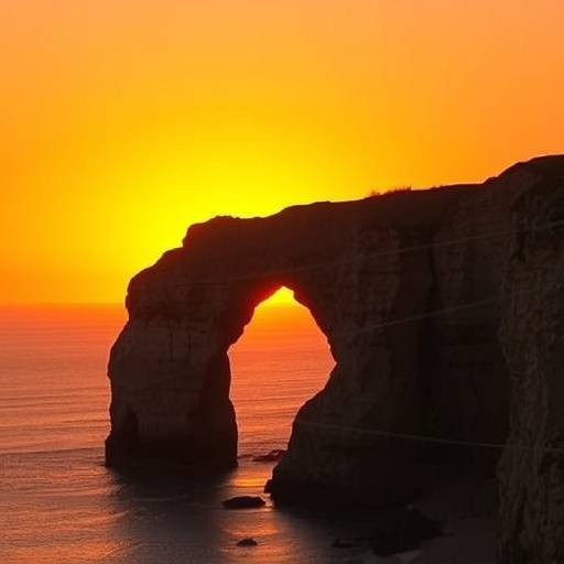 Les falaises d'Étretat au coucher du soleil, avec l'arche emblématique se découpant sur le ciel orangé.