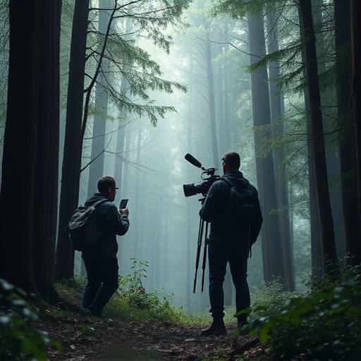 Une équipe explorant une forêt dense, évaluant un potentiel lieu de tournage